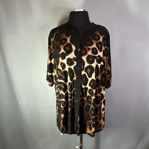 Elie Mccarthy Blouse Top Womens 1X Multi Leopard Print Button Front Split Neck